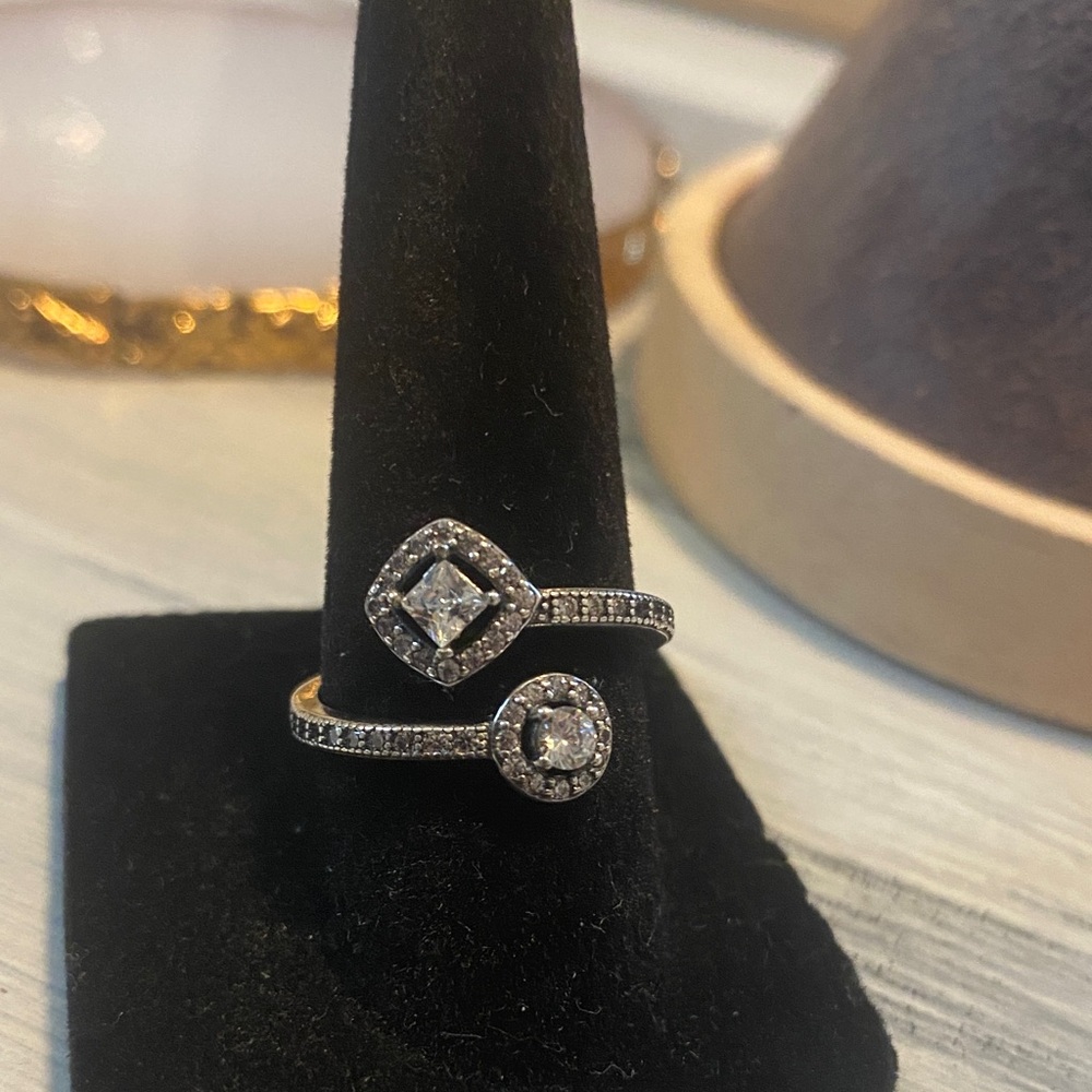 Silver Double Halo CZ Open Ring - Elegant Women's Fashion Ring